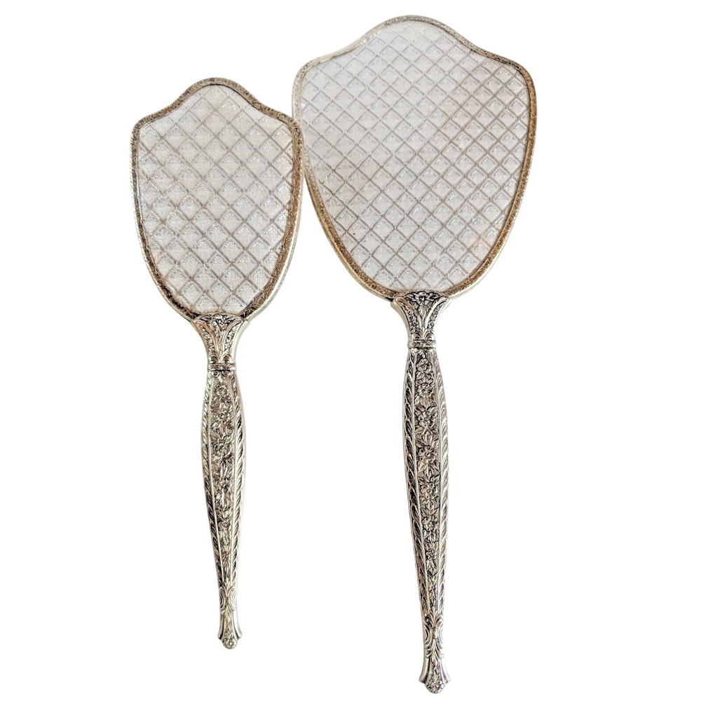 Vintage Antique Silver Plated Vanity Hairbrush & Mirror Diamond Floral Pattern